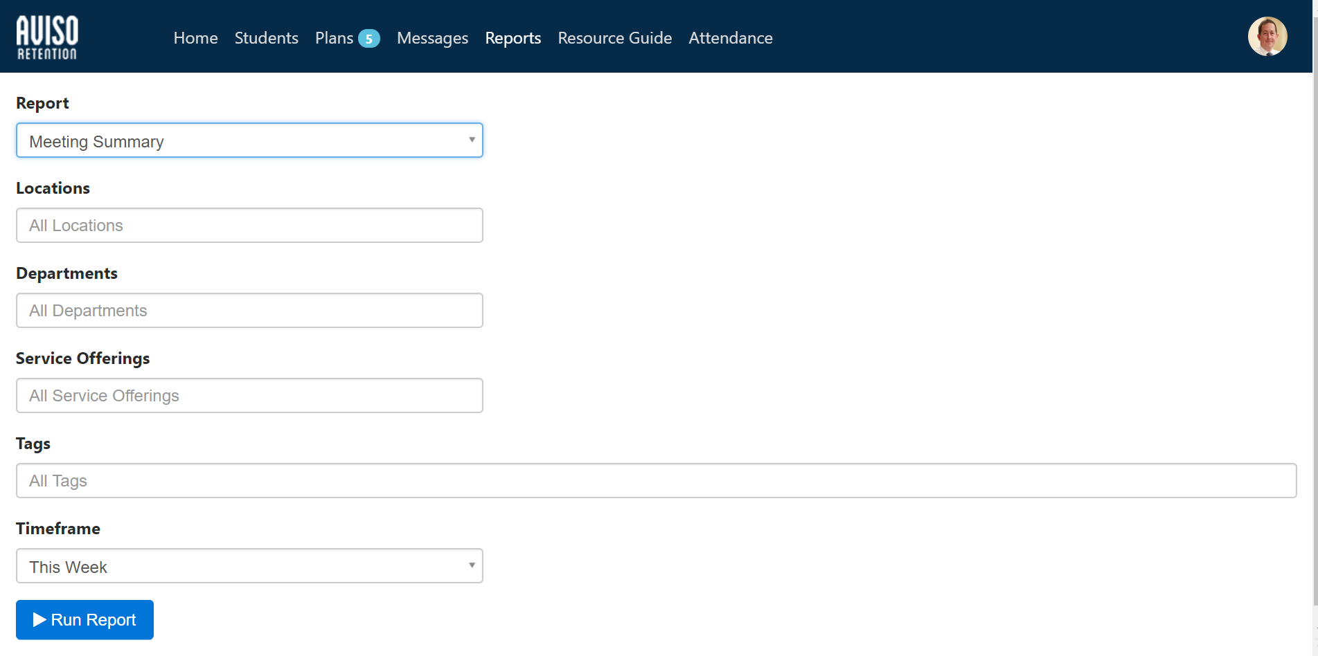 A reporting page showing dropdown filters for generating a Meeting Summary report, including options for Locations, Departments, Service Offerings, Tags, and Timeframe, along with a Run Report button.