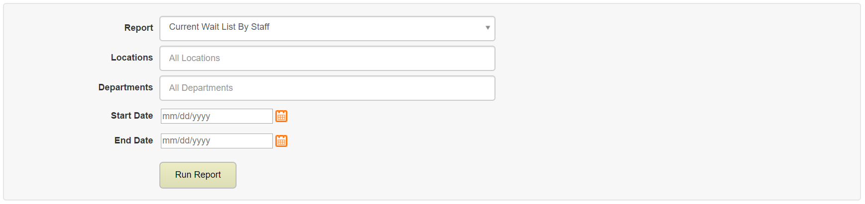 A report selection page showing fields to choose a report type, locations, departments, and start and end dates, along with a button to run the report.