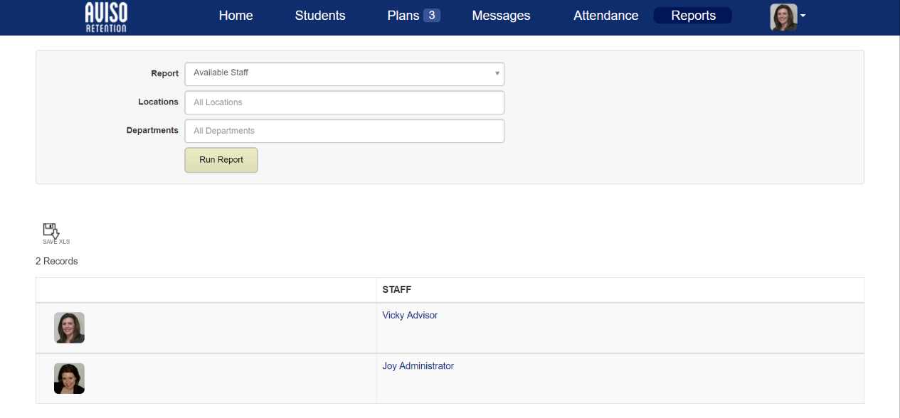 The page showing dropdowns for report, locations, and departments with a Run Report button, followed by a results table listing two staff records with profile images and staff names.
