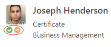 The profile section showing the name 'Joseph Henderson' with program details listed as 'Certificate' and 'Business Management', along with two status icons highlighted.
