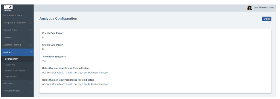 The analytics configuration page showing settings for data export, data import, and risk indicators, along with lists of roles that can view course risk indicators and roles that can view persistence risk indicators.