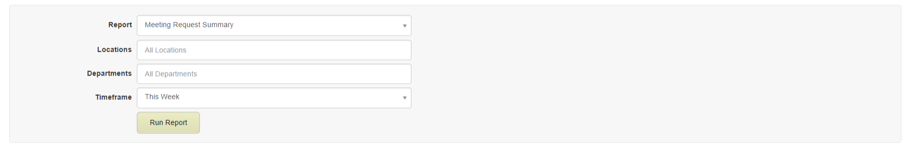 A page showing dropdown selections for report type, locations, departments, and timeframe, along with a button to run the report.