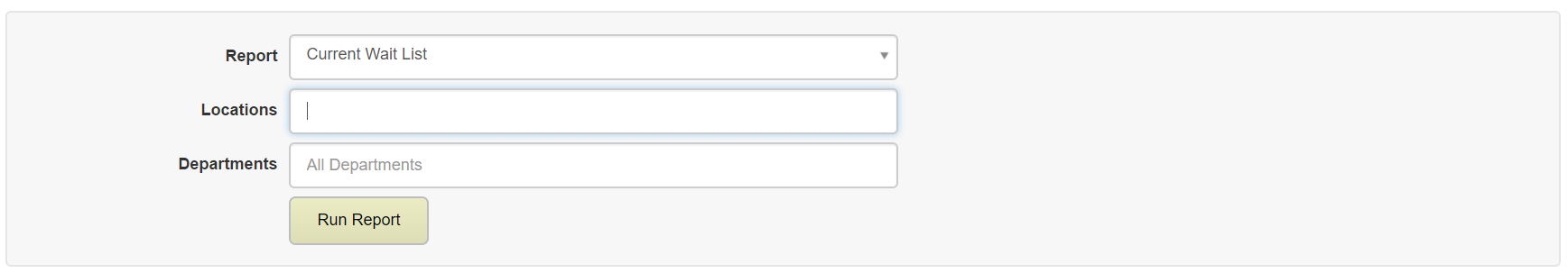 The report‑selection panel showing dropdowns for Report, Locations, and Departments, along with a Run Report button.