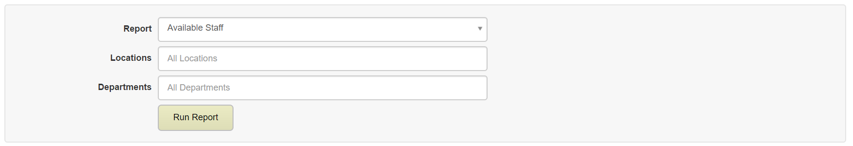 The report‑selection panel showing dropdowns for report, locations, and departments, along with a Run Report button.