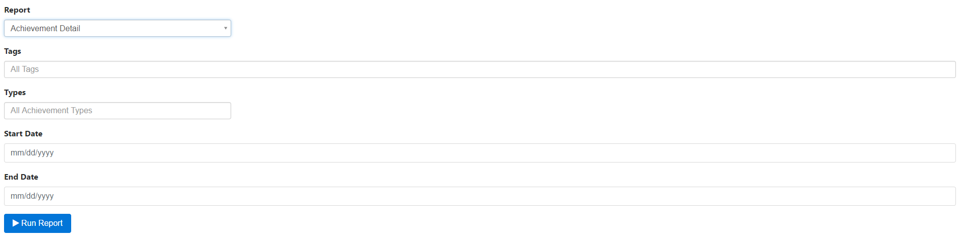 A reporting page showing filters for selecting a report type such as Achievement Detail, along with fields for tags, achievement types, start date, end date, and a Run Report button.