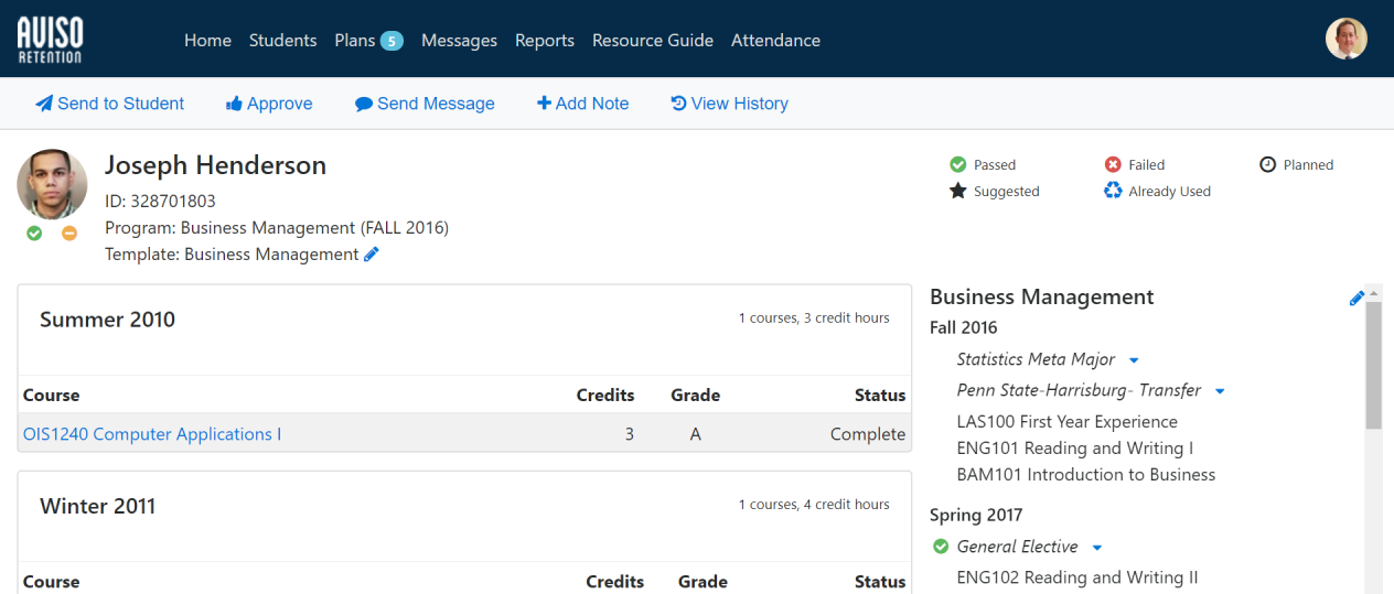 The Student record showing Joseph Henderson with ID, program, and template. Status indicators showing Passed, Suggested, Failed, Already Used, and Planned. Academic history showing term sections with course tables listing course name, credits, grade, and status. Right panel showing Business Management program requirements.
