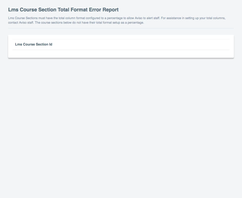 The LMS Course Section Total Format Error Report page showing an information message describing the required total‑column percentage format and a table with a single column labeled Lms Course Section Id.