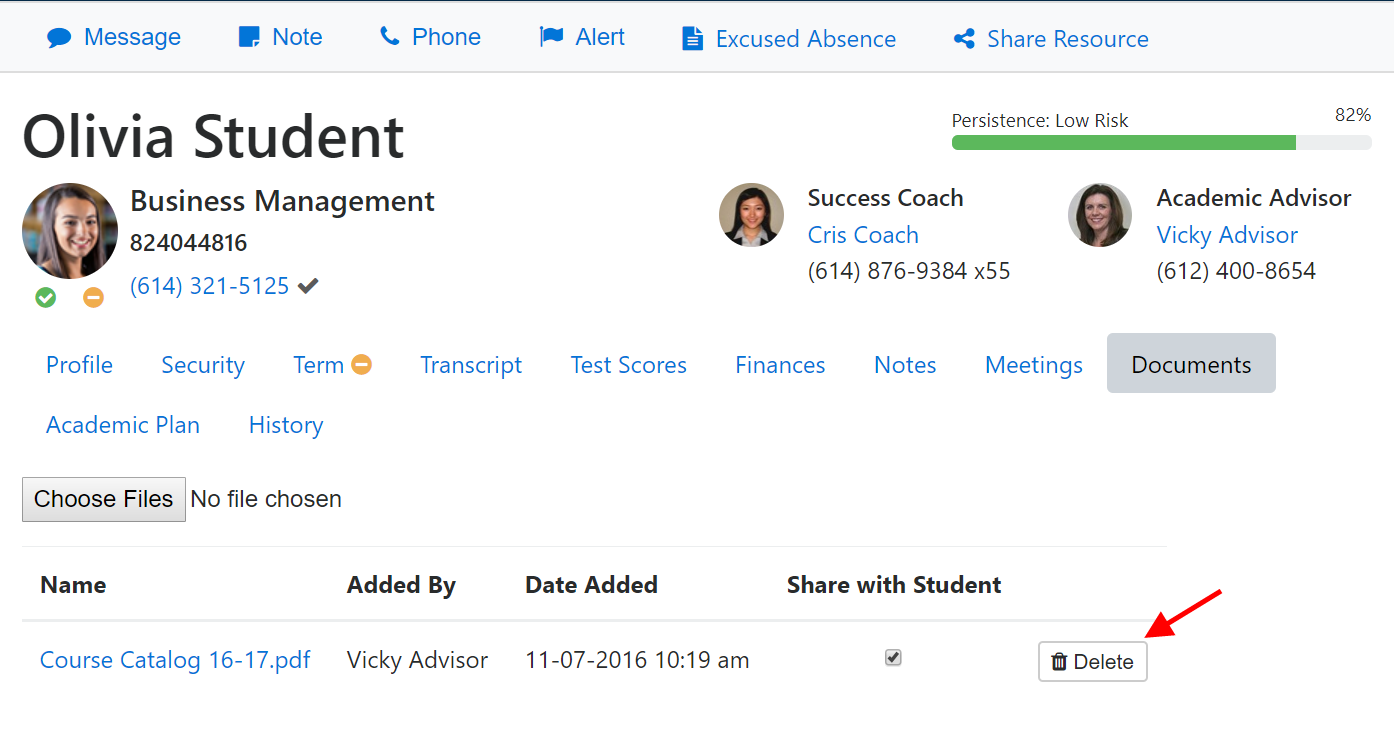 The documents page for Olivia Student showing a list containing one uploaded file with its name, who added it, and the date it was added. A 'Delete' button is located to the right of the file entry.