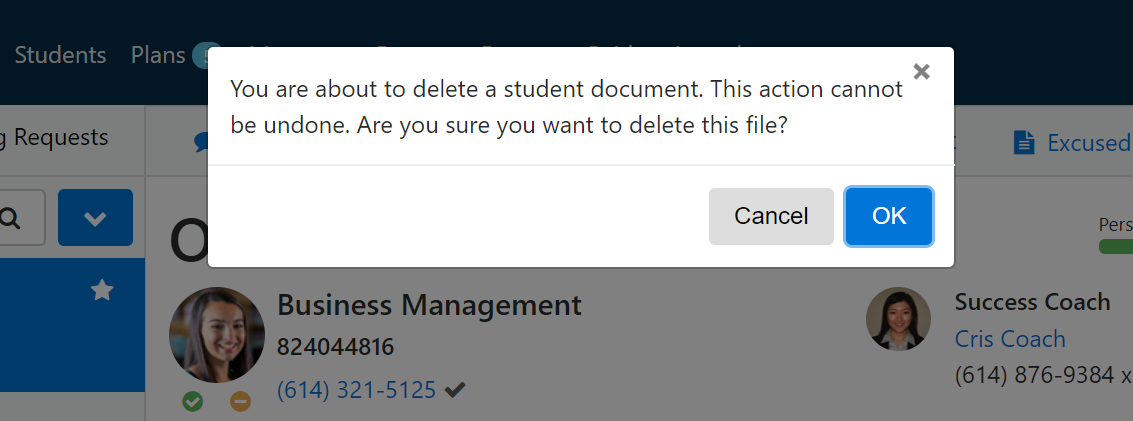 The confirmation dialog showing a message warning that deleting a student document cannot be undone and asking if the user wants to proceed, with 'Cancel' and 'OK' buttons.