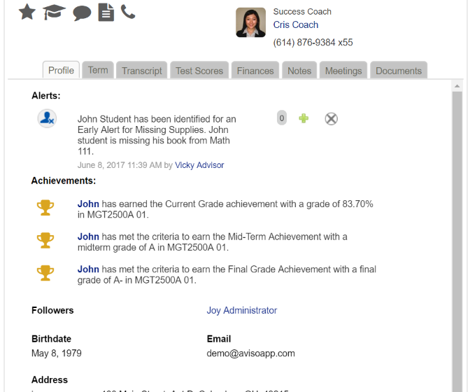The profile page of John Student showing alert and achievement sections. The achievement section listing John's grades, including a current grade of 83.70 percent, a midterm grade of A, and a final grade of A-. The profile also includes his birthdate, email, and the success coach's contact information.