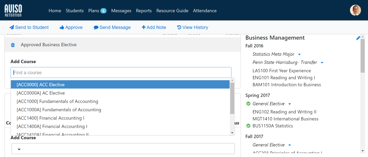 The Approved Business Elective section showing Add Course field with course search dropdown open listing accounting course options. Right panel showing Business Management program requirements by term.