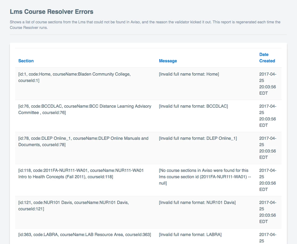 The page showing an LMS Course Resolver Errors table with columns for section, message, and date created, displaying multiple rows of course sections flagged with formatting issues or missing matches.