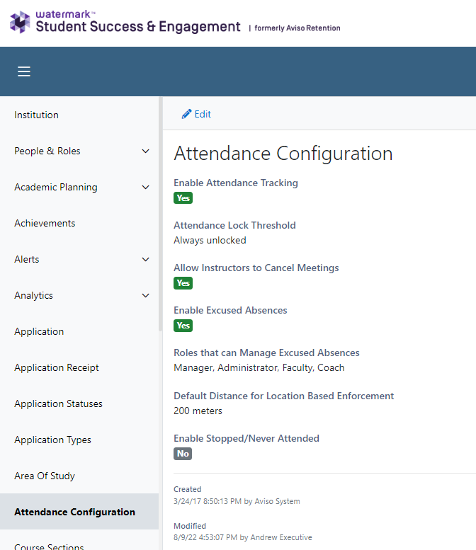 The attendance configuration page showing settings such as 'Enable Attendance Tracking', 'Attendance Lock Threshold', options for allowing instructors to cancel meetings, excused absences controls, and roles that can manage excused absences.