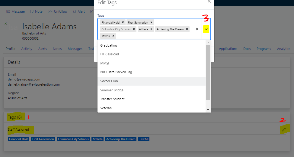 The Isabelle Adams' profile showing 1- 'Tags' section, 2- 'Edit' icon next to the staff assigned tag, 3- 'Edit Tags' pop-up showing a drop-down menu to select tags.