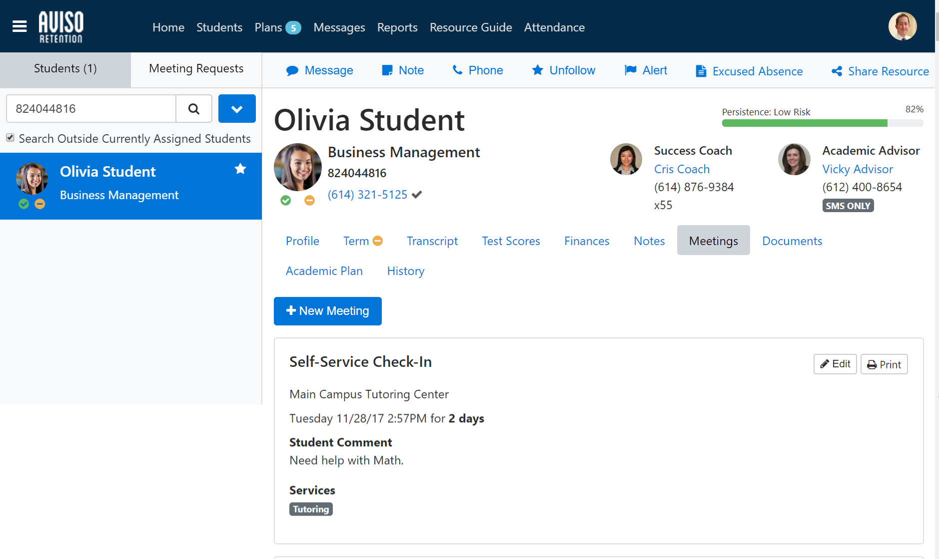 The Student profile page showing Olivia Student with degree information, contact details, and tabs. The Meetings tab shows a Self‑Service Check‑In entry listing location, date and time, duration for 2 days, a student comment, and Edit and Print buttons. A New Meeting button appears above the entry.