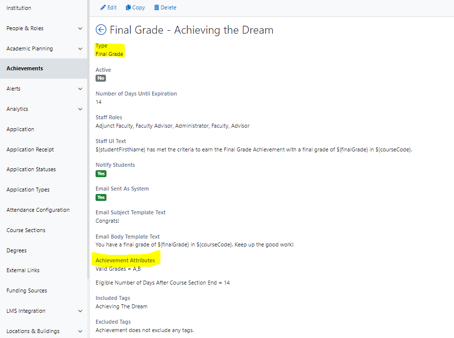 The 'Final Grade - Achieving the Dream' achievement page showing the 'Final Grade' type and the 'Achievement Attributes' field highlighted, along with other fields.