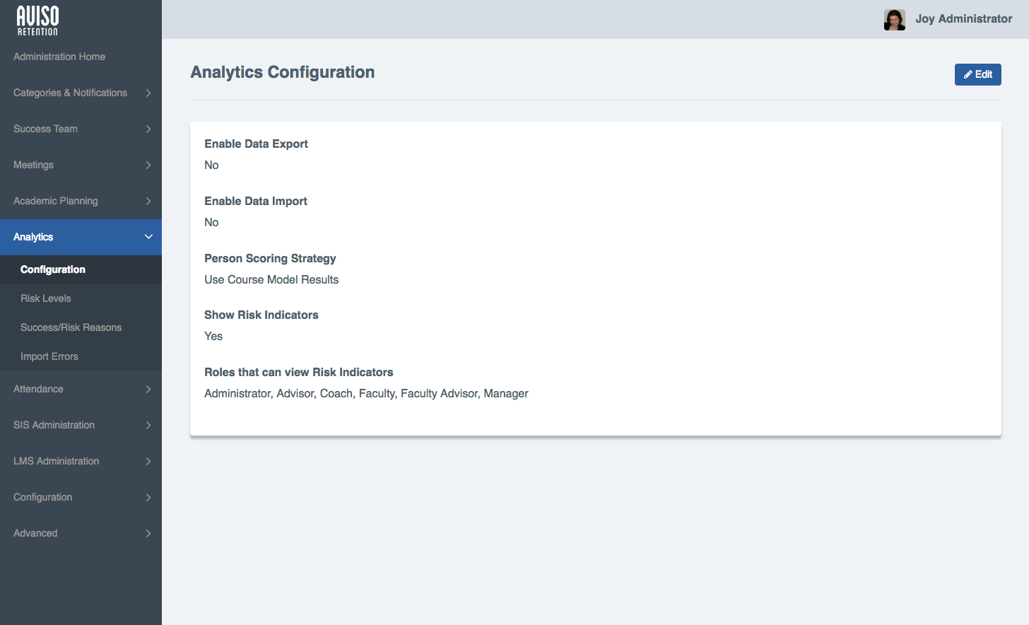 The 'Analytics Configuration' section showing fields like 'Enable data export,' 'Enable data import,' 'Person scoring strategy,' 'Show risk indicators,' and 'Roles that can view risk indicators,' with an 'Edit' button.