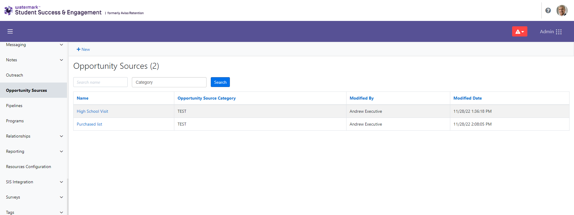 The Opportunity Sources page showing a list of sources with columns for Name, Opportunity Source Category, Modified By, and Modified Date, with a +New button at the top.