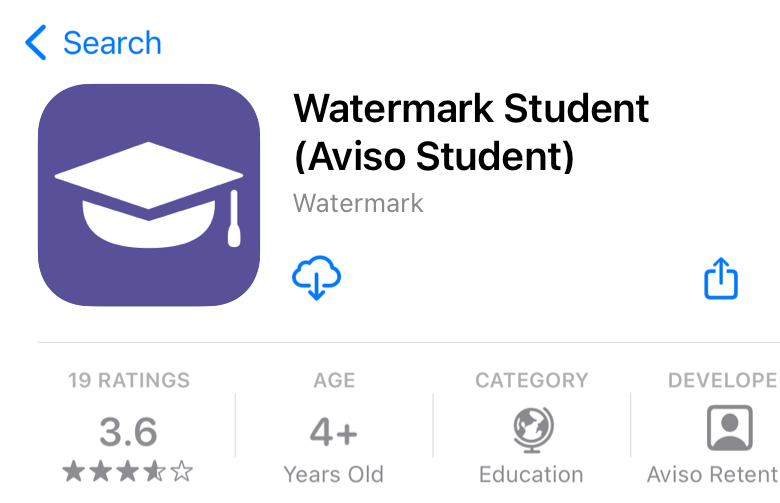 The app Store page showing the Watermark Student (Aviso Student) app with a graduation‑cap icon, displaying the app name, developer, download icon, share icon, rating of 3.6, age requirement of 4+, and category listed as Education.