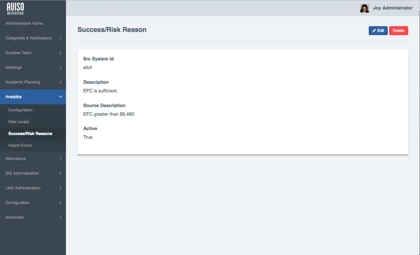 The Success/Risk Reasons page showing Analytics menu expanded in the left panel with Success/Risk Reasons selected, displaying a detail panel listing Src System Id, Description, Source Description, and Active values, with Edit and Delete buttons in the upper corner.