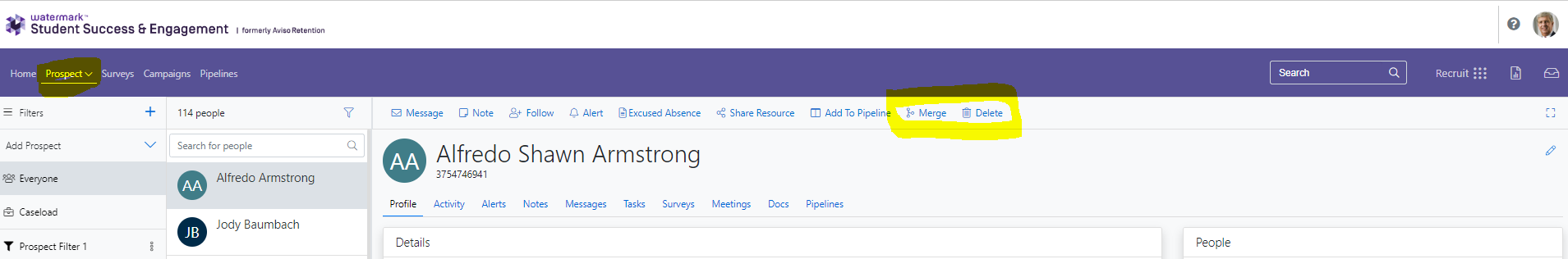 A user management page showing a list of people, search and filter controls, and action options such as merging and deleting records highlighted.