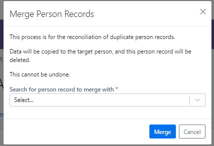 A merge confirmation window showing information about combining duplicate records, with a field for selecting a record to merge and options to merge or cancel.