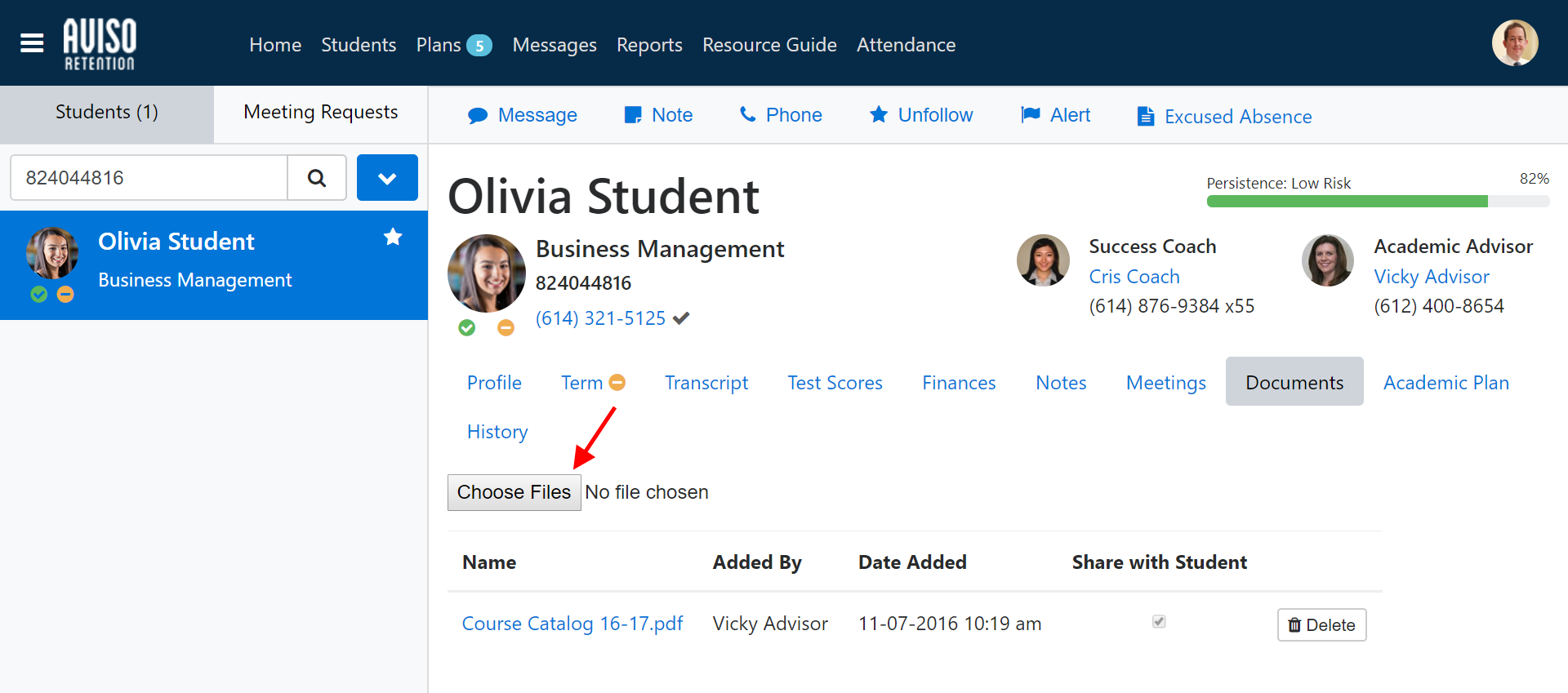 The Olivia student profile page showing navigation bar and a student search panel on the left, displaying selected student details with phone number, academic program, and tabs for Profile, Term, Transcript, Test Scores, Finances, Notes, Meetings, Documents, and Academic Plan. Documents tab showing a file upload area with a Choose Files button and a file list displaying one document.