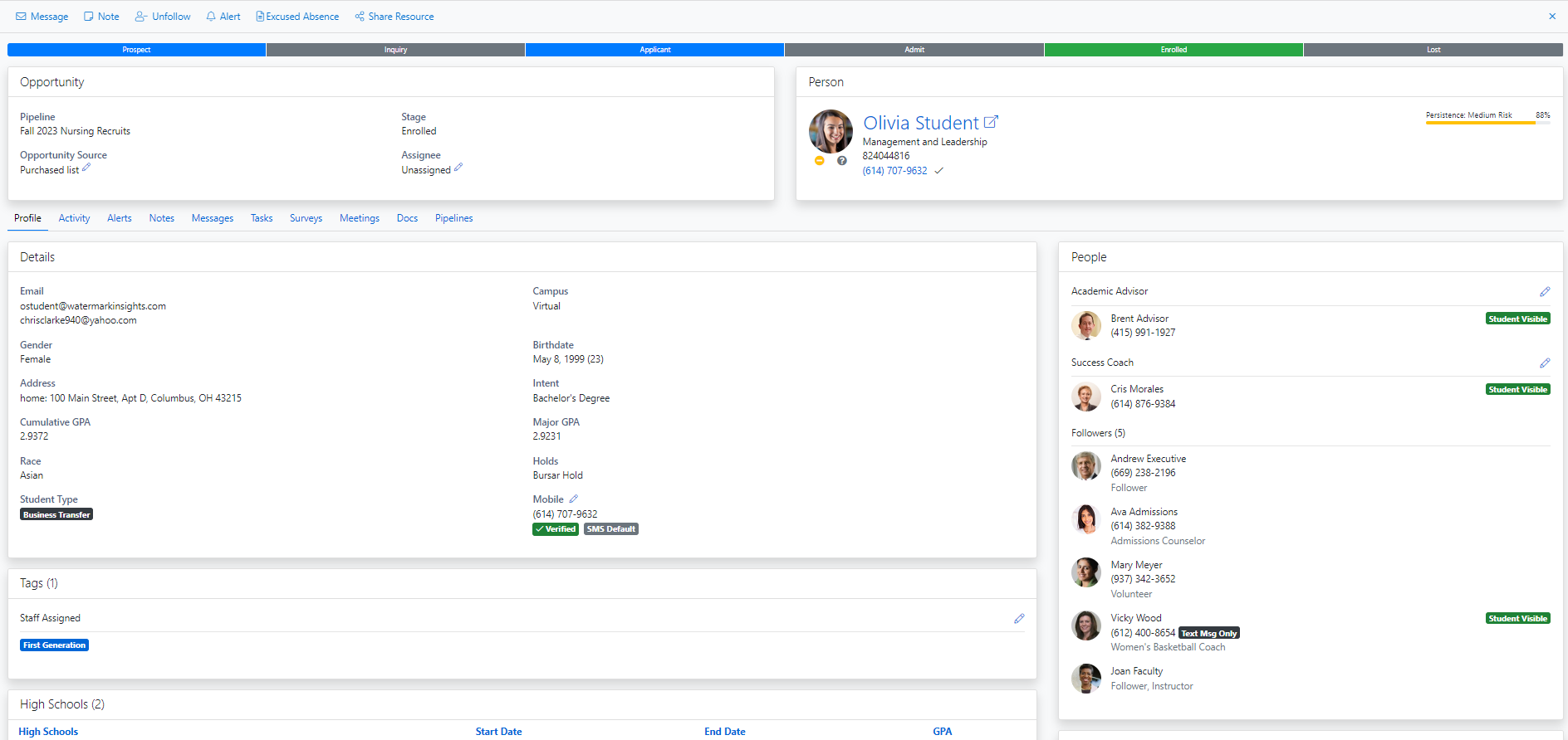 The page showing Opportunity section listing pipeline, stage, and owner fields. Person section showing profile card with program, ID, email, phone, risk bar, and Edit button. Profile tab showing Details section listing contact fields, address, academic fields, and buttons Update Transcript and Edit Student. People section showing advisor, coach, and follower lists.
