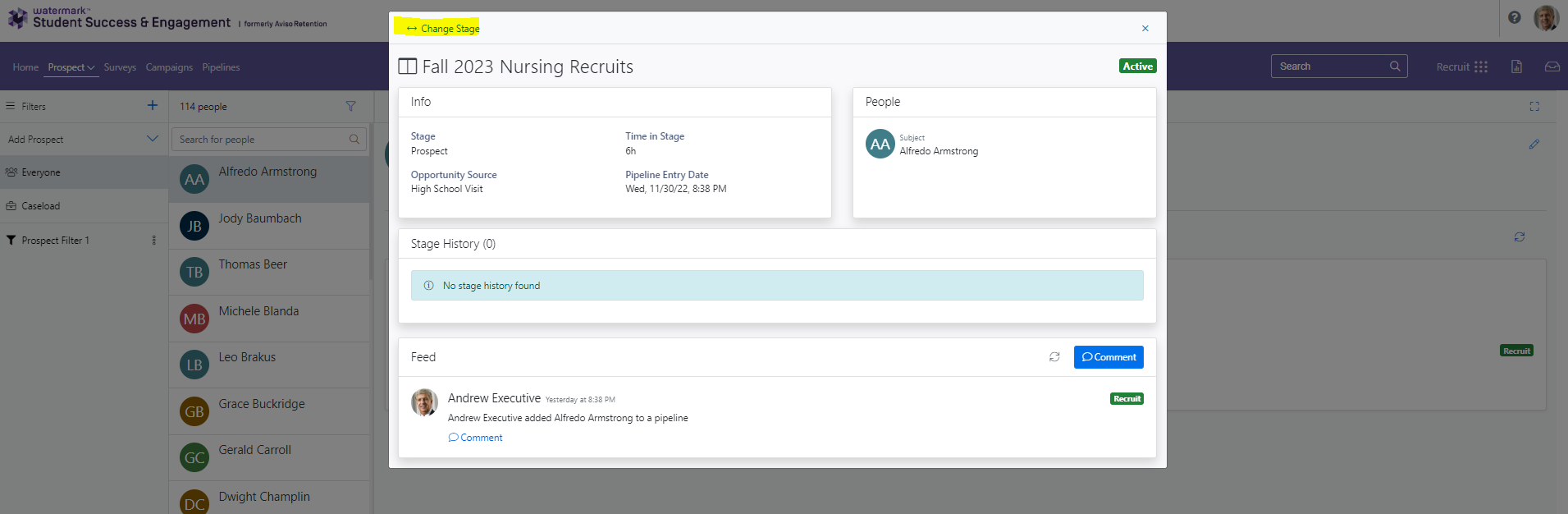 The pop-up showing Change Stage option highlighted. Info section showing stage, time in stage, opportunity source, and pipeline entry date fields. People section showing assigned person. Stage History section showing no history. Feed section showing activity entry and Comment button.
