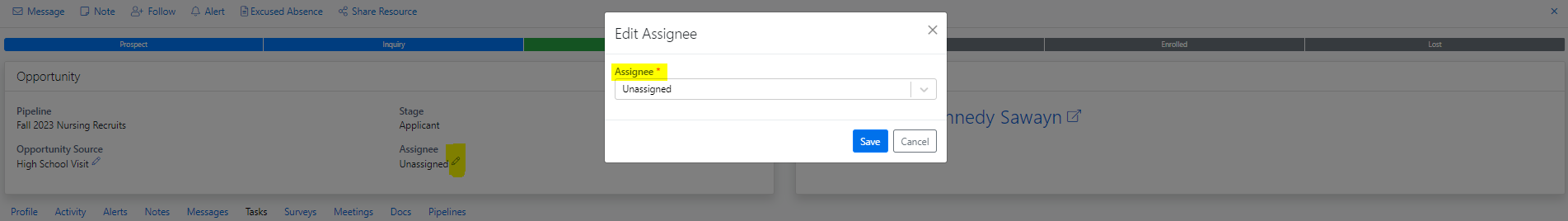 The Opportunity section showing Assignee field with edit icon. Edit Assignee popup showing Assignee dropdown with Unassigned selected, along with Save and Cancel buttons.