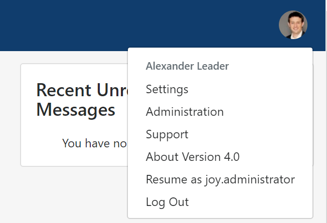 A user menu showing account options including the user’s name, Settings, Administration, Support, About Version 4.0, an option to resume as another user account, and a Log Out option.