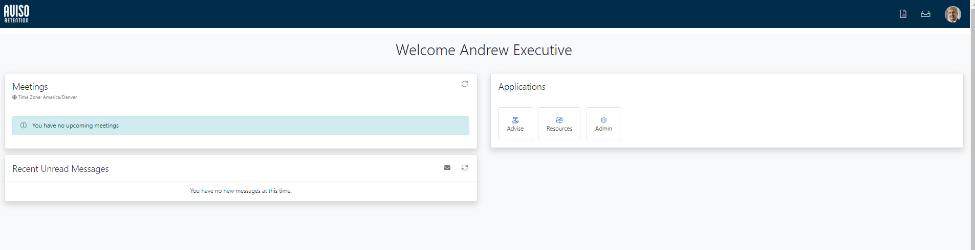 An welcome page showing meeting information with a notice indicating no upcoming meetings, recent unread messages stating there are no new messages, and application options such as Advise, Resources, and Admin.