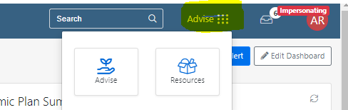 An menu showing the Advise option highlighted, with an expanded menu displaying application options such as Advise and Resources.