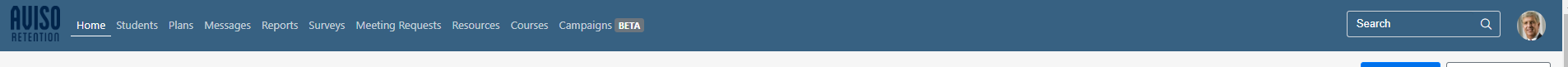 An navigation bar showing menu options such as Home, Students, Plans, Messages, Reports, Surveys, Meeting Requests, Resources, Courses, and Campaigns, along with a search field.