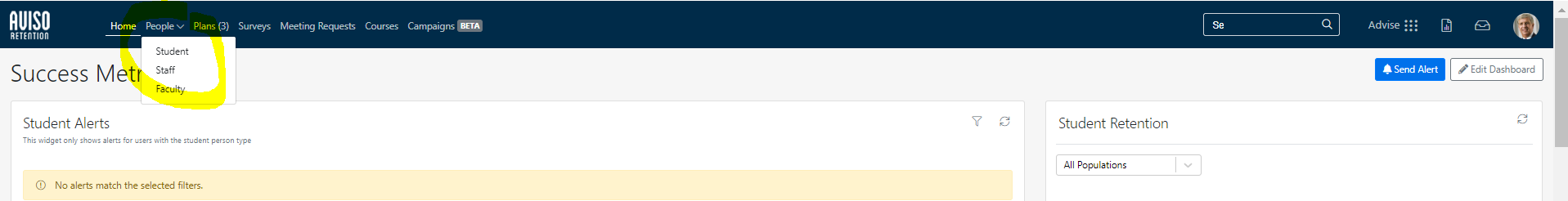 An Success Metrics page with a highlighted People menu expanded to show options such as Student, Staff, and Faculty.
