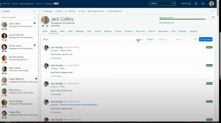 An activity page showing a user profile with navigation options such as Portfolio, Activity, Alerts, Notes, Messages, Tasks, Surveys, Meetings, Courses, Transcript, Test Scores, Finances, Applications, Docs, Programs, and Analytics, along with a feed showing multiple activity entries created by faculty.