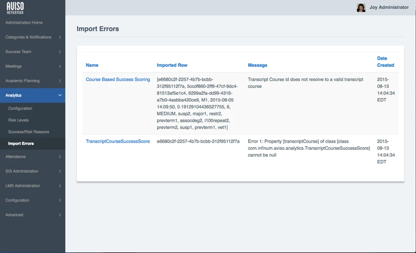 The Import Errors page displaying a table with Name, Imported Row, Message, and Date Created columns. Two error entries appear with details about invalid transcript course data and a null property. Left menu displays analytics and configuration options.