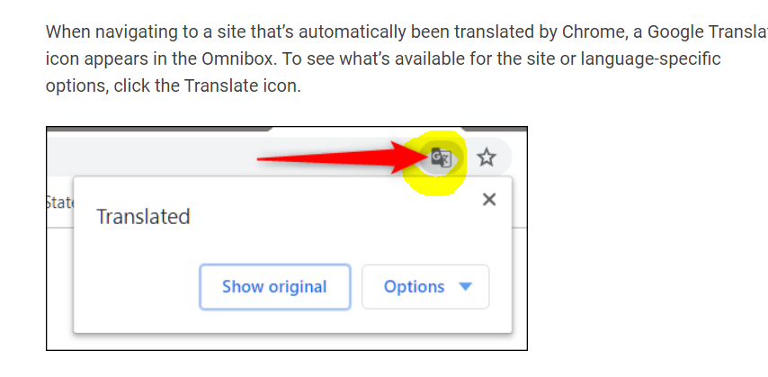 A browser translation prompt showing a translation icon highlighted and a dialog displaying translation options.