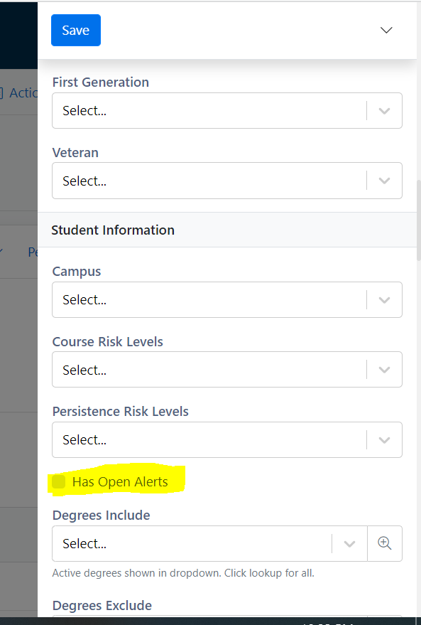 A Filtering page showing dropdown fields for student attributes such as first‑generation status, veteran status, campus, course risk levels, and persistence risk levels, along with check box for indicating whether has open alerts highlighted.