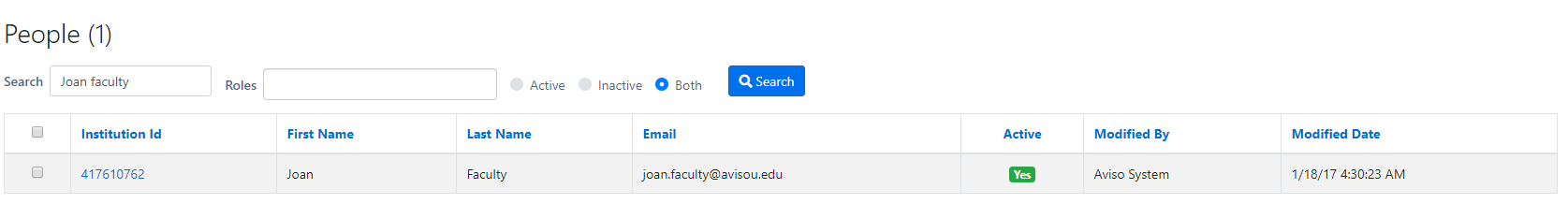 A People page showing search results for the query ‘Joan faculty,’ including a table listing institution ID, first name, last name, email, active status, modified by, and modified date.