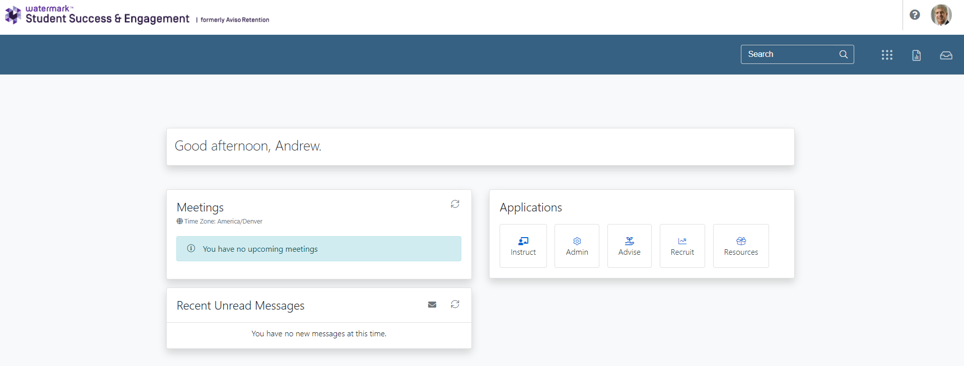 An welcome page showing a greeting message, meeting information indicating no upcoming meetings, a section for recent unread messages stating there are no new messages, and an applications area showing options such as Instruct, Admin, Advise, Recruit, and Resources.
