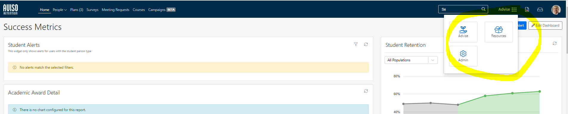 An analytics page showing Success Metrics with sections for Student Alerts and Academic Award Detail, each indicating that no alerts or charts are available based on the selected filters, along with a Student Retention chart and a highlighted applications menu showing options such as Advise, Resources, and Admin.