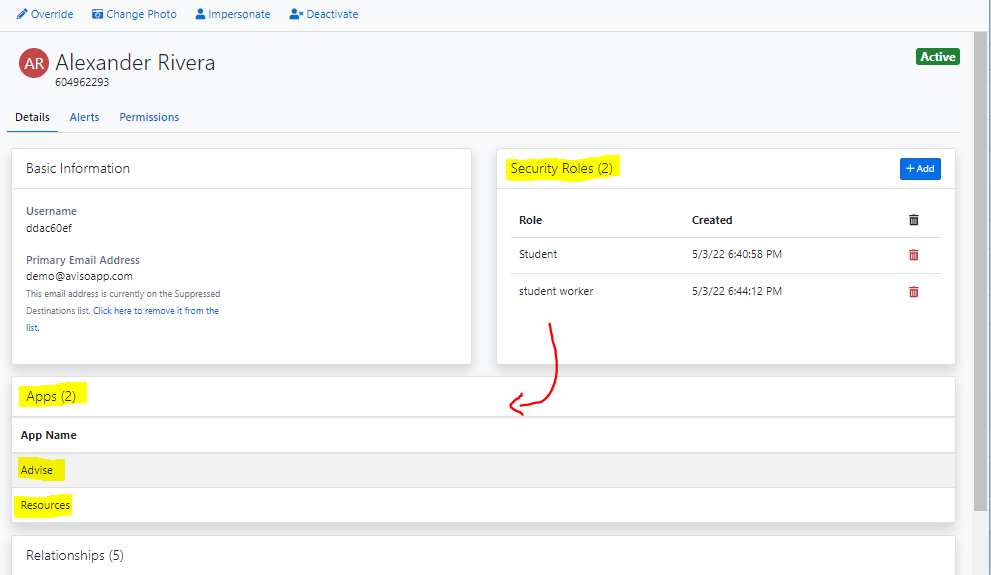 An account details page showing basic information, security roles, and assigned apps, with highlighted sections including the Security Roles area listing Student and student worker roles, and the Apps section showing the highlighted app names Advise and Resources.