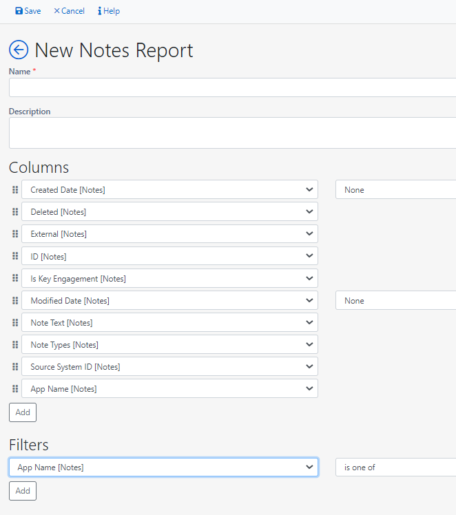 An editable report creation page showing fields for entering a name and description, along with column options such as created date, deleted, external, ID, key engagement, modified date, note text, note types, source system ID, and app name, and filter settings showing app name criteria.