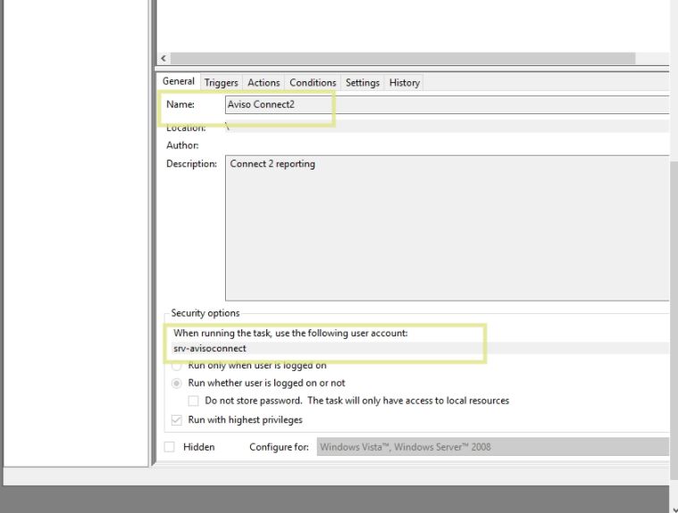 The general settings window showing the task name set to Aviso Connect2 and the user account set to srv‑avisoconnect under Security options.