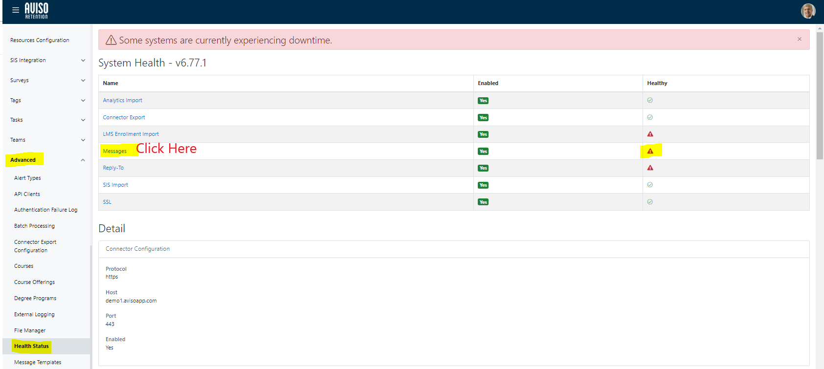 The Health Status page showing a downtime warning banner, a System Health table listing services with Enabled and Healthy columns, and the Messages row displaying a warning icon with a 'Click Here' label, while the left menu has the Health Status tab selected under advanced menu.