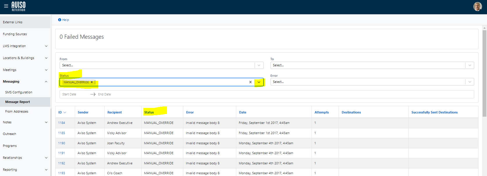 The Message Report page showing '0 Failed Messages' at the top and the filtering panel with the Status field set to MANUAL_OVERRIDE, while the message table displays multiple entries with MANUAL_OVERRIDE shown in the Status column.
