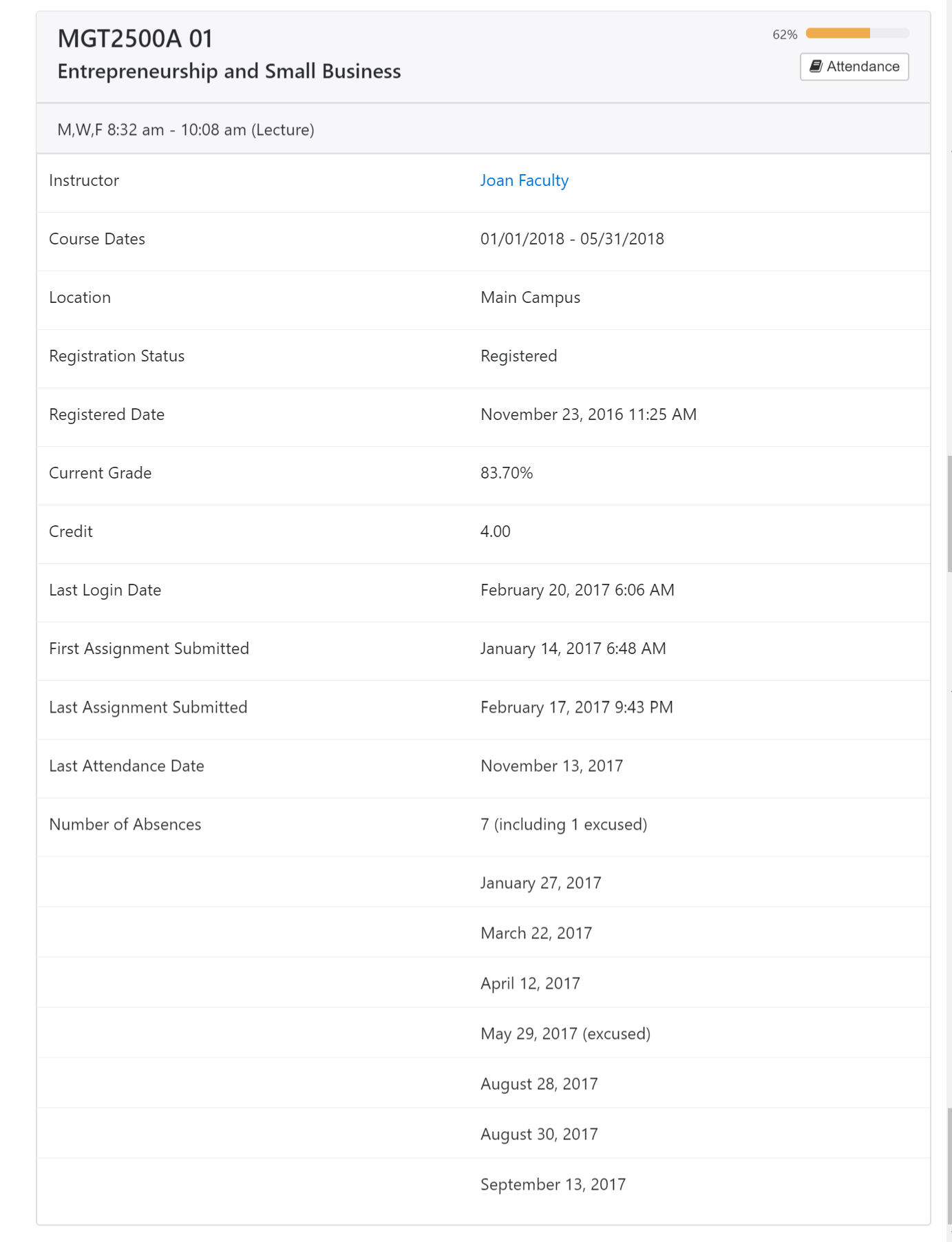 The Course details page for MGT2500A 01 showing course title, meeting time, instructor link, course dates, location, registration status, registered date, current grade, credit, last login date, first and last assignment submitted dates, last attendance date, and number of absences with listed absence dates. An Attendance button appears near the top.