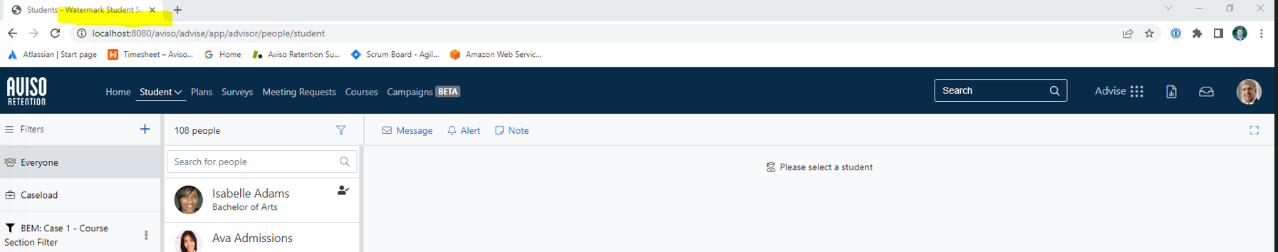 The staff's profile page showing the AVISO RETENTION logo at the top. Browser tab title Profile – Watermark Student highlighted.