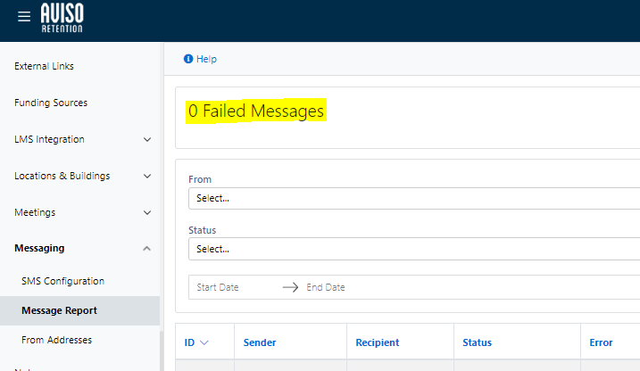 The Message Report page showing the Messaging section in the left menu with the Message Report tab selected, and the top panel displaying '0 Failed Messages'above the filter fields and message table.